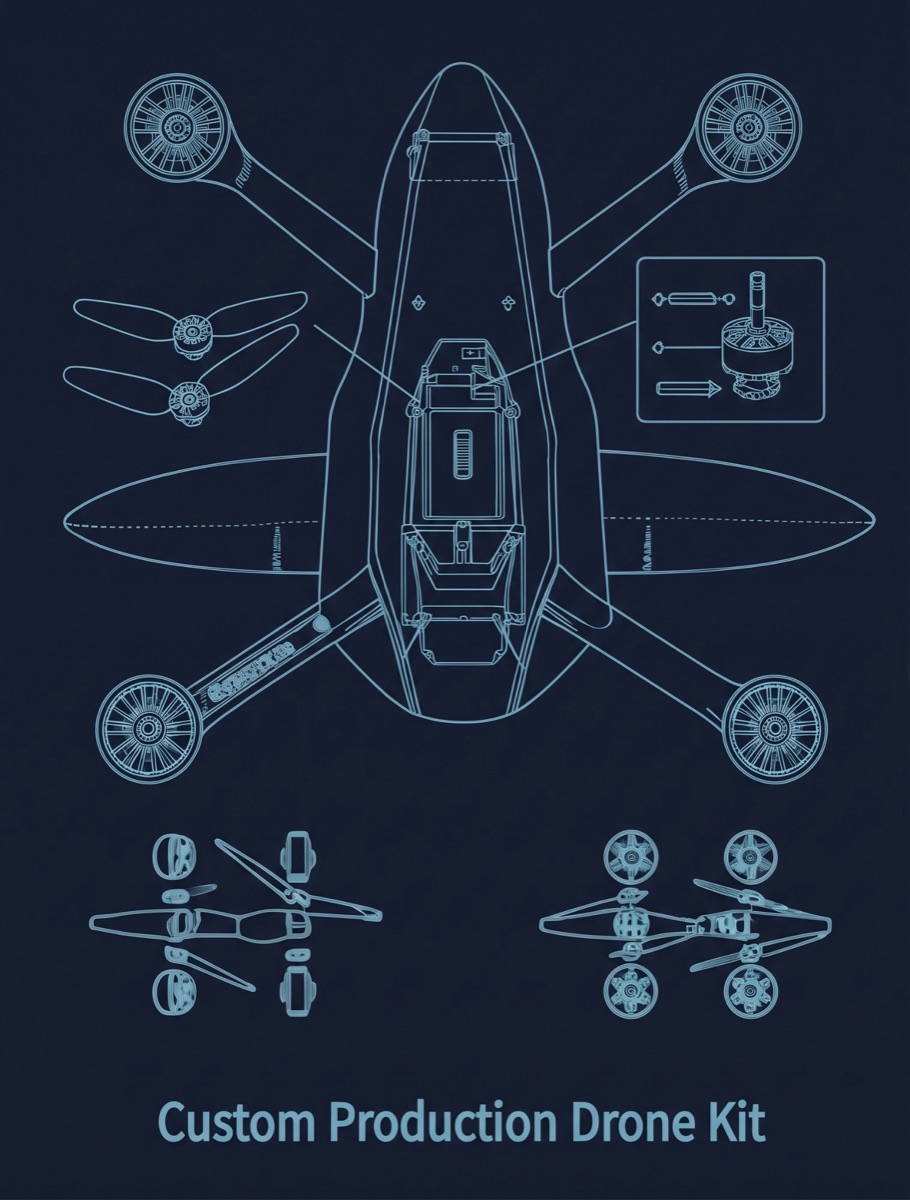 Conceptual illustration of a custom production drone kit. Not a product photograph.