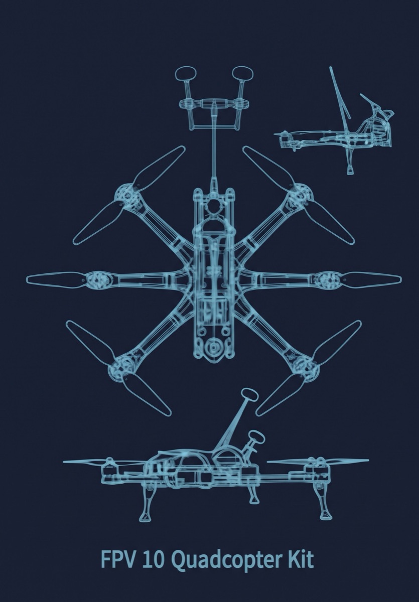 Conceptual illustration of an FPV 10 quadcopter kit. Not a product photograph.
