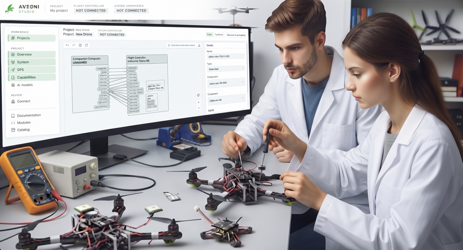 Two people in white lab coats work on a multirotor drone at a workbench, while a monitor beside them shows a flight-controller configuration screen.